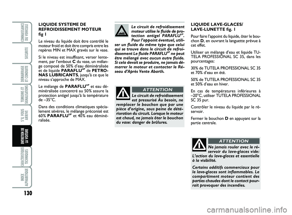 Abarth 500 2011 Notice dentretien (in French) 130
TEMOINS ETSIGNALISATION
S
CARACTERISTIQUESTECHNIQUES
INDEX
ALPHABETIQUE
CONNAISSANCEDU VEHICULE
SECURITE
DEMARRAGE
ET CONDUITE
S’IL VOUS
ARRIVE
ENTRETIEN DE
LA VOITURE
LIQUIDE LAVE-GLACES/
LAV Abarth 500 2011 Notice dentretien (in French) 130
TEMOINS ETSIGNALISATION
S
CARACTERISTIQUESTECHNIQUES
INDEX
ALPHABETIQUE
CONNAISSANCEDU VEHICULE
SECURITE
DEMARRAGE
ET CONDUITE
S’IL VOUS
ARRIVE
ENTRETIEN DE
LA VOITURE
LIQUIDE LAVE-GLACES/
LAV