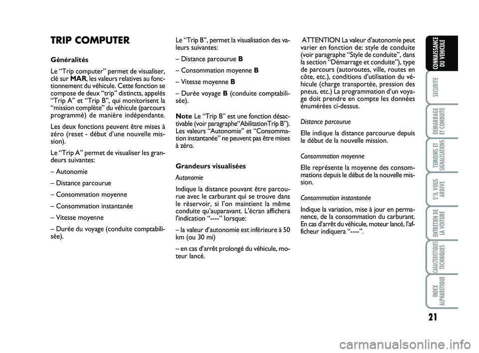 Abarth 500 2011  Notice dentretien (in French) 21
SECURITE
DEMARRAGE
ET CONDUITE
TEMOINS ETSIGNALISATION
S
S’IL VOUS
ARRIVE
ENTRETIEN DE
LA VOITURE
CARACTERISTIQUESTECHNIQUES
INDEX
ALPHABETIQUE
CONNAISSANCE
DU VEHICULE
TRIP COMPUTER
Généralit�