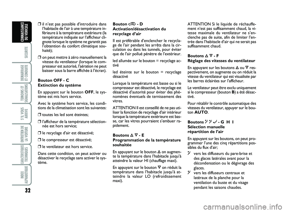 Abarth 500 2011  Notice dentretien (in French) 32
SECURITE
DEMARRAGE 
ET CONDUITE
TEMOINS ETSIGNALISATION
S
S’IL VOUS
ARRIVE
ENTRETIEN DE
LA VOITURE
CARACTERISTIQUESTECHNIQUES
INDEX
ALPHABETIQUE
CONNAISSANCE
DU VEHICULE
❒il n’est pas possibl