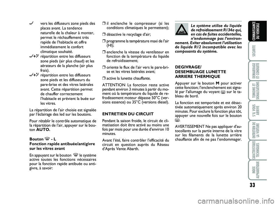 Abarth 500 2012 Notice dentretien (in French) 33
SECURITE
DEMARRAGE
ET CONDUITE
TEMOINS ETSIGNALISATION
S
S’IL VOUS
ARRIVE
ENTRETIEN DE
LA VOITURE
CARACTERISTIQUESTECHNIQUES
INDEX
ALPHABETIQUE
CONNAISSANCE
DU VEHICULE
∂vers les diffuseurs zon Abarth 500 2012 Notice dentretien (in French) 33
SECURITE
DEMARRAGE
ET CONDUITE
TEMOINS ETSIGNALISATION
S
S’IL VOUS
ARRIVE
ENTRETIEN DE
LA VOITURE
CARACTERISTIQUESTECHNIQUES
INDEX
ALPHABETIQUE
CONNAISSANCE
DU VEHICULE
∂vers les diffuseurs zon