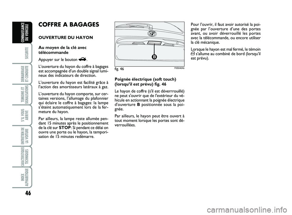 Abarth 500 2011  Notice dentretien (in French) 46
SECURITE
DEMARRAGE 
ET CONDUITE
TEMOINS ETSIGNALISATION
S
S’IL VOUS
ARRIVE
ENTRETIEN DE
LA VOITURE
CARACTERISTIQUESTECHNIQUES
INDEX
ALPHABETIQUE
CONNAISSANCE
DU VEHICULE
Poignée électrique (sof