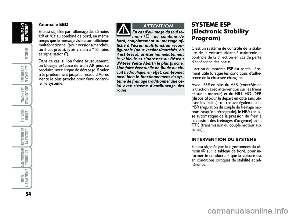 Abarth 500 2011 Notice dentretien (in French) 54
SECURITE
DEMARRAGE
ET CONDUITE
TEMOINS ETSIGNALISATION
S
S’IL VOUS
ARRIVE
ENTRETIEN DE
LA VOITURE
CARACTERISTIQUESTECHNIQUES
INDEX
ALPHABETIQUE
CONNAISSANCE
DU VEHICULE
En cas d’allumage du se Abarth 500 2011 Notice dentretien (in French) 54
SECURITE
DEMARRAGE
ET CONDUITE
TEMOINS ETSIGNALISATION
S
S’IL VOUS
ARRIVE
ENTRETIEN DE
LA VOITURE
CARACTERISTIQUESTECHNIQUES
INDEX
ALPHABETIQUE
CONNAISSANCE
DU VEHICULE
En cas d’allumage du se