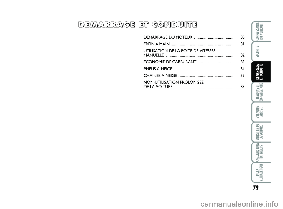 Abarth 500 2011  Notice dentretien (in French) 79
TEMOINS ETSIGNALISATION
S
S’IL VOUS
ARRIVE
ENTRETIEN DE
LA VOITURE
CARACTERISTIQUESTECHNIQUES
INDEX
ALPHABETIQUE
CONNAISSANCEDU VEHICULE
SECURITE
DEMARRAGE 
ET CONDUITE
DEMARRAGE DU MOTEUR ......