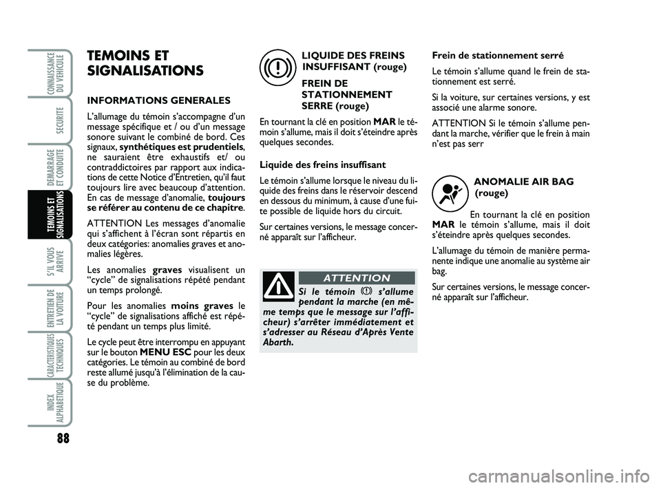 Abarth 500 2012 Notice dentretien (in French) 88
S’IL VOUS
ARRIVE
ENTRETIEN DE
LA VOITURE
CARACTERISTIQUESTECHNIQUES
INDEX
ALPHABETIQUE
CONNAISSANCEDU VEHICULE
SECURITE
DEMARRAGE
ET CONDUITE
TEMOINS ET
SIGNALISATIONS
TEMOINS ET
SIGNALISATIONS
Abarth 500 2012 Notice dentretien (in French) 88
S’IL VOUS
ARRIVE
ENTRETIEN DE
LA VOITURE
CARACTERISTIQUESTECHNIQUES
INDEX
ALPHABETIQUE
CONNAISSANCEDU VEHICULE
SECURITE
DEMARRAGE
ET CONDUITE
TEMOINS ET
SIGNALISATIONS
TEMOINS ET
SIGNALISATIONS