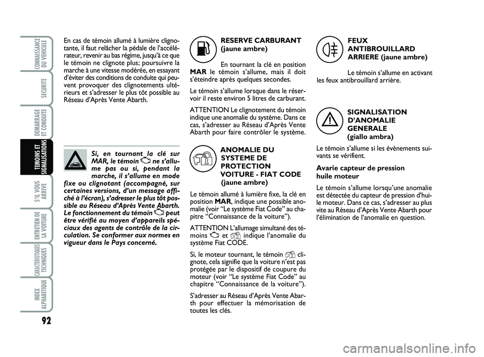 Abarth 500 2011  Notice dentretien (in French) 92
S’IL VOUS
ARRIVE
ENTRETIEN DE
LA VOITURE
CARACTERISTIQUESTECHNIQUES
INDEX
ALPHABETIQUE
CONNAISSANCEDU VEHICULE
SECURITE
DEMARRAGE 
ET CONDUITE
TEMOINS ET
SIGNALISATIONS
Si, en tournant la clé su