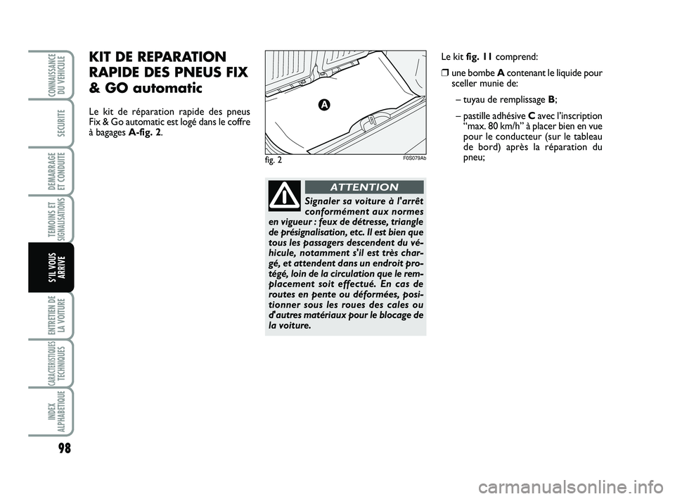 Abarth 500 2011 Notice dentretien (in French) 98
TEMOINS ETSIGNALISATION
S
ENTRETIEN DE
LA VOITURE
CARACTERISTIQUESTECHNIQUES
INDEX
ALPHABETIQUE
CONNAISSANCEDU VEHICULE
SECURITE
DEMARRAGE
ET CONDUITE
S’IL VOUS
ARRIVE
fig. 2F0S079Ab
KIT DE REPA Abarth 500 2011 Notice dentretien (in French) 98
TEMOINS ETSIGNALISATION
S
ENTRETIEN DE
LA VOITURE
CARACTERISTIQUESTECHNIQUES
INDEX
ALPHABETIQUE
CONNAISSANCEDU VEHICULE
SECURITE
DEMARRAGE
ET CONDUITE
S’IL VOUS
ARRIVE
fig. 2F0S079Ab
KIT DE REPA