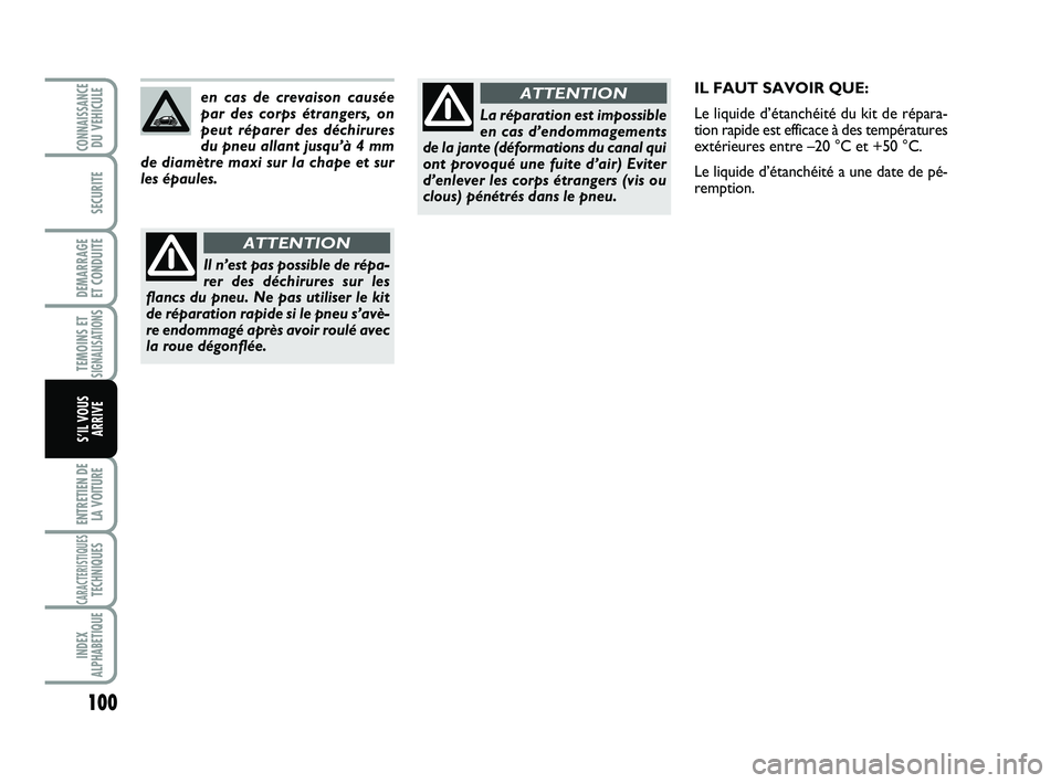 Abarth 500 2014  Notice dentretien (in French) 100
TEMOINS ETSIGNALISATION
S
ENTRETIEN DE
LA VOITURE
CARACTERISTIQUESTECHNIQUES
INDEX
ALPHABETIQUE
CONNAISSANCEDU VEHICULE
SECURITE
DEMARRAGE 
ET CONDUITE
S’IL VOUS
ARRIVE
en cas de crevaison caus