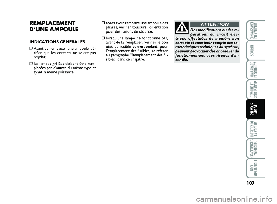 Abarth 500 2014  Notice dentretien (in French) 107
TEMOINS ETSIGNALISATION
S
ENTRETIEN DE
LA VOITURE
CARACTERISTIQUESTECHNIQUES
INDEX
ALPHABETIQUE
CONNAISSANCEDU VEHICULE
SECURITE
DEMARRAGE 
ET CONDUITE
S’IL VOUS
ARRIVE
REMPLACEMENT 
D’UNE AMP