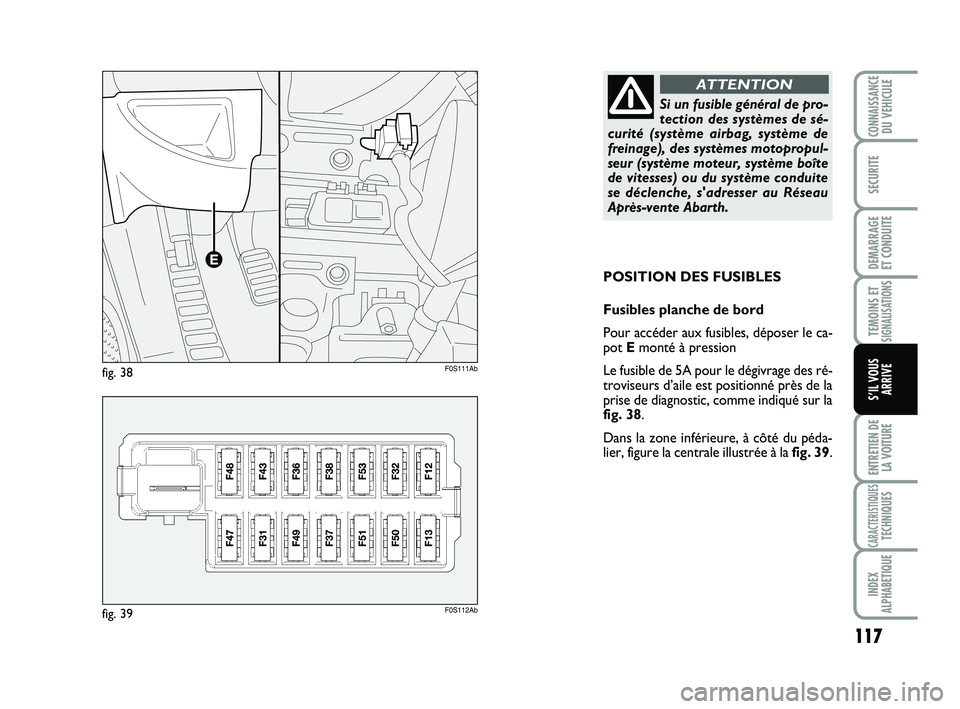 Abarth 500 2014 Notice dentretien (in French) 117
TEMOINS ETSIGNALISATION
S
ENTRETIEN DE
LA VOITURE
CARACTERISTIQUESTECHNIQUES
INDEX
ALPHABETIQUE
CONNAISSANCEDU VEHICULE
SECURITE
DEMARRAGE
ET CONDUITE
S’IL VOUS
ARRIVE
POSITION DES FUSIBLES
Fus Abarth 500 2014 Notice dentretien (in French) 117
TEMOINS ETSIGNALISATION
S
ENTRETIEN DE
LA VOITURE
CARACTERISTIQUESTECHNIQUES
INDEX
ALPHABETIQUE
CONNAISSANCEDU VEHICULE
SECURITE
DEMARRAGE
ET CONDUITE
S’IL VOUS
ARRIVE
POSITION DES FUSIBLES
Fus