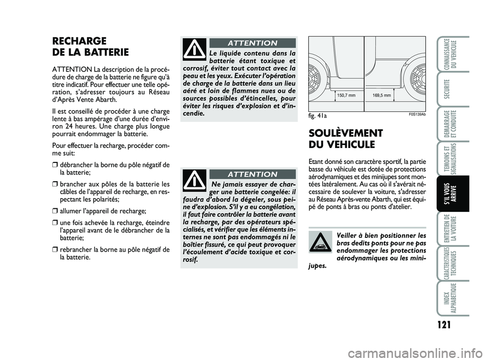 Abarth 500 2013 Notice dentretien (in French) 121
TEMOINS ETSIGNALISATION
S
ENTRETIEN DE
LA VOITURE
CARACTERISTIQUESTECHNIQUES
INDEX
ALPHABETIQUE
CONNAISSANCEDU VEHICULE
SECURITE
DEMARRAGE
ET CONDUITE
S’IL VOUS
ARRIVE
RECHARGE
DE LA BATTERIE
A Abarth 500 2013 Notice dentretien (in French) 121
TEMOINS ETSIGNALISATION
S
ENTRETIEN DE
LA VOITURE
CARACTERISTIQUESTECHNIQUES
INDEX
ALPHABETIQUE
CONNAISSANCEDU VEHICULE
SECURITE
DEMARRAGE
ET CONDUITE
S’IL VOUS
ARRIVE
RECHARGE
DE LA BATTERIE
A