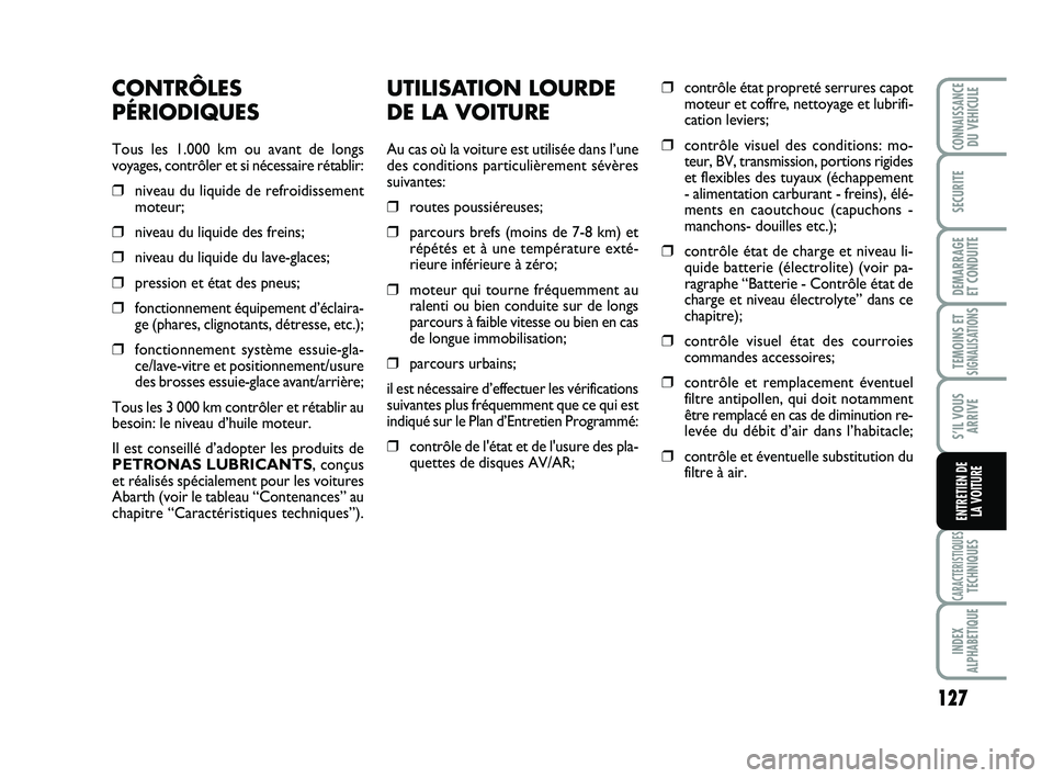Abarth 500 2013 Notice dentretien (in French) UTILISATION LOURDE
DE LA VOITURE
Au cas où la voiture est utilisée dans l’une
des conditions particulièrement sévères
suivantes:
❒routes poussiéreuses;
❒parcours brefs (moins de 7-8 km) et Abarth 500 2013 Notice dentretien (in French) UTILISATION LOURDE
DE LA VOITURE
Au cas où la voiture est utilisée dans l’une
des conditions particulièrement sévères
suivantes:
❒routes poussiéreuses;
❒parcours brefs (moins de 7-8 km) et