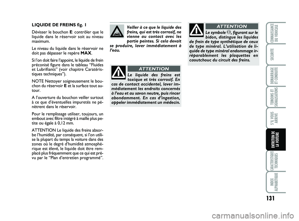 Abarth 500 2014 Notice dentretien (in French) 131
TEMOINS ETSIGNALISATION
S
CARACTERISTIQUESTECHNIQUES
INDEX
ALPHABETIQUE
CONNAISSANCEDU VEHICULE
SECURITE
DEMARRAGE
ET CONDUITE
S’IL VOUS
ARRIVE
ENTRETIEN DE
LA VOITURE
LIQUIDE DE FREINS fig. 1 Abarth 500 2014 Notice dentretien (in French) 131
TEMOINS ETSIGNALISATION
S
CARACTERISTIQUESTECHNIQUES
INDEX
ALPHABETIQUE
CONNAISSANCEDU VEHICULE
SECURITE
DEMARRAGE
ET CONDUITE
S’IL VOUS
ARRIVE
ENTRETIEN DE
LA VOITURE
LIQUIDE DE FREINS fig. 1