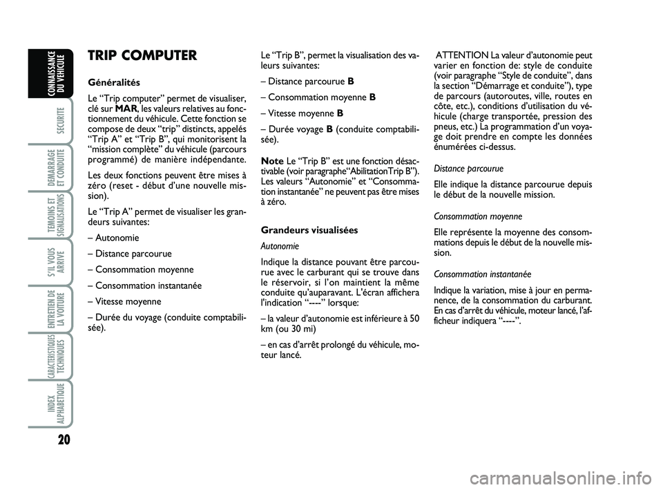 Abarth 500 2013 Notice dentretien (in French) 20
SECURITE
DEMARRAGE
ET CONDUITE
TEMOINS ETSIGNALISATION
S
S’IL VOUS
ARRIVE
ENTRETIEN DE
LA VOITURE
CARACTERISTIQUESTECHNIQUES
INDEX
ALPHABETIQUE
CONNAISSANCE
DU VEHICULE
TRIP COMPUTER
Généralit Abarth 500 2013 Notice dentretien (in French) 20
SECURITE
DEMARRAGE
ET CONDUITE
TEMOINS ETSIGNALISATION
S
S’IL VOUS
ARRIVE
ENTRETIEN DE
LA VOITURE
CARACTERISTIQUESTECHNIQUES
INDEX
ALPHABETIQUE
CONNAISSANCE
DU VEHICULE
TRIP COMPUTER
Généralit