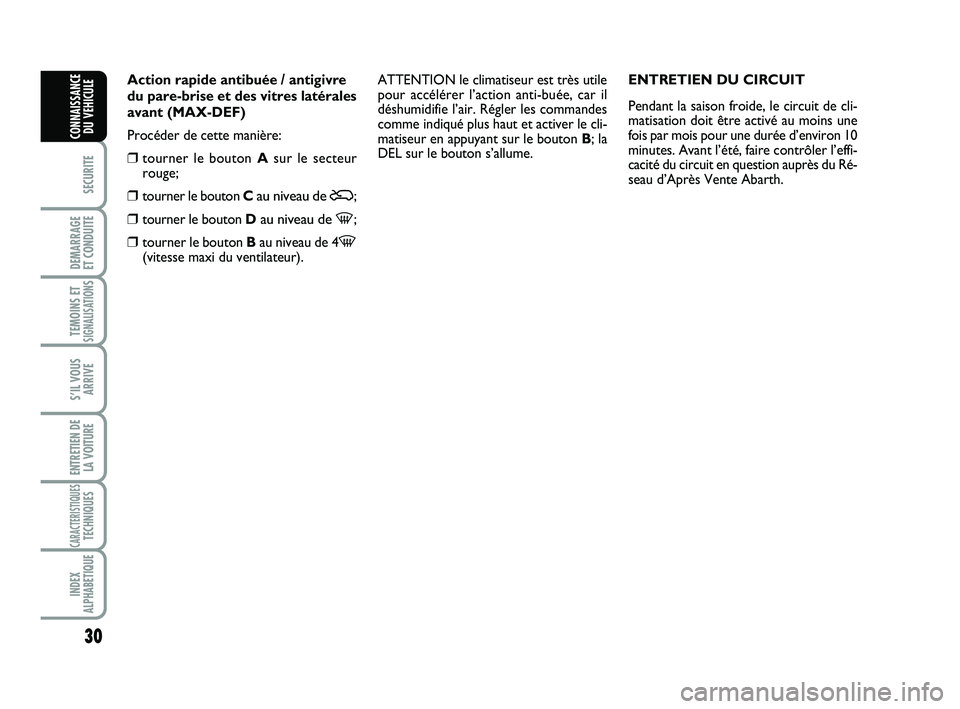 Abarth 500 2013  Notice dentretien (in French) 30
SECURITE
DEMARRAGE 
ET CONDUITE
TEMOINS ETSIGNALISATION
S
S’IL VOUS
ARRIVE
ENTRETIEN DE
LA VOITURE
CARACTERISTIQUESTECHNIQUES
INDEX
ALPHABETIQUE
CONNAISSANCE
DU VEHICULE
Action rapide antibuée /