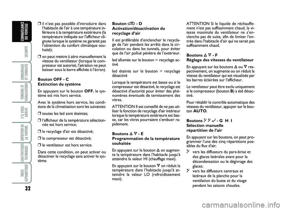 Abarth 500 2013  Notice dentretien (in French) 32
SECURITE
DEMARRAGE 
ET CONDUITE
TEMOINS ETSIGNALISATION
S
S’IL VOUS
ARRIVE
ENTRETIEN DE
LA VOITURE
CARACTERISTIQUESTECHNIQUES
INDEX
ALPHABETIQUE
CONNAISSANCE
DU VEHICULE
❒il n’est pas possibl