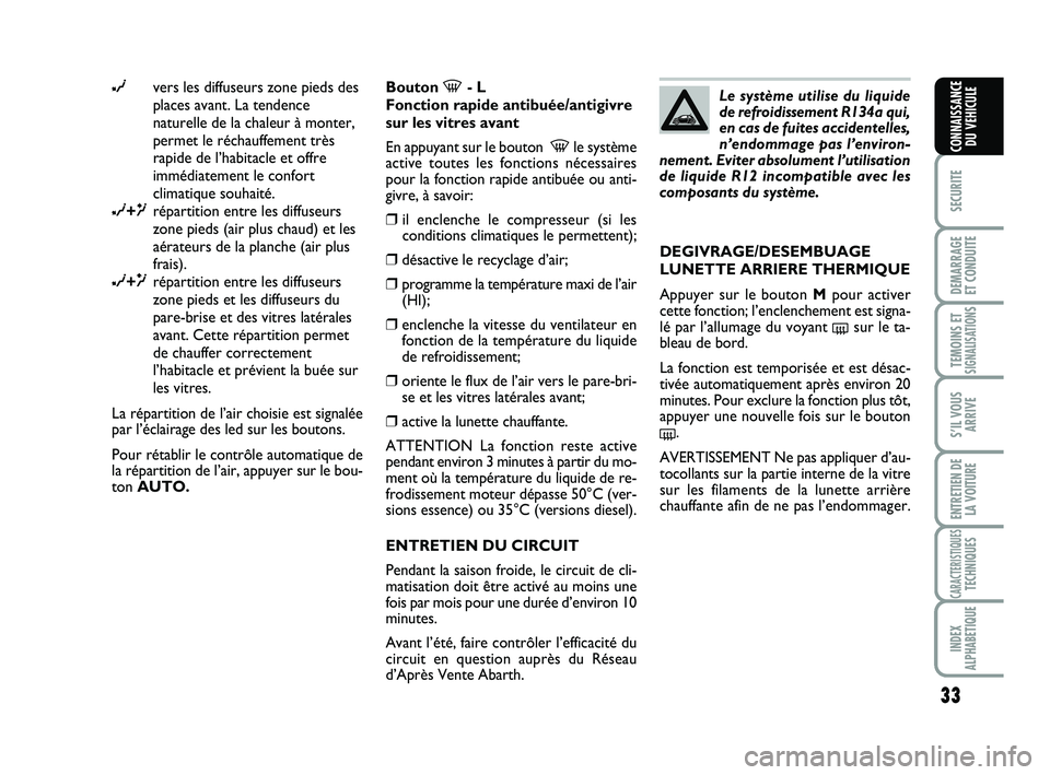 Abarth 500 2013  Notice dentretien (in French) 33
SECURITE
DEMARRAGE
ET CONDUITE
TEMOINS ETSIGNALISATION
S
S’IL VOUS
ARRIVE
ENTRETIEN DE
LA VOITURE
CARACTERISTIQUESTECHNIQUES
INDEX
ALPHABETIQUE
CONNAISSANCE
DU VEHICULE
∂vers les diffuseurs zon