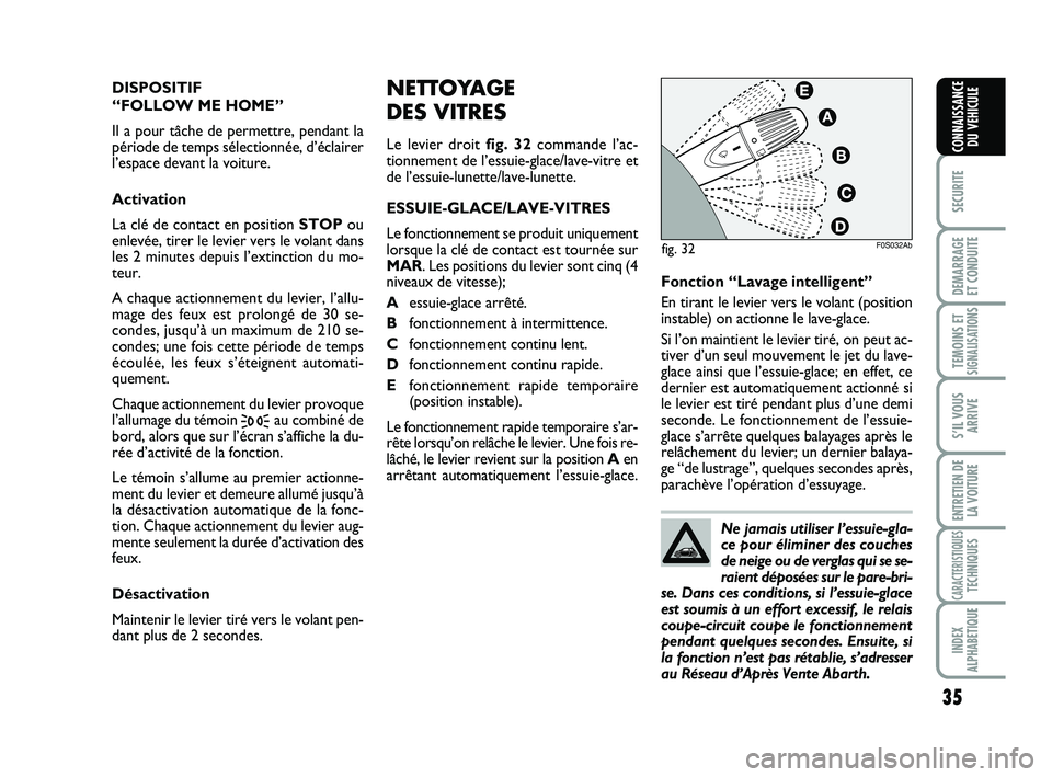 Abarth 500 2013  Notice dentretien (in French) 35
SECURITE
DEMARRAGE
ET CONDUITE
TEMOINS ETSIGNALISATION
S
S’IL VOUS
ARRIVE
ENTRETIEN DE
LA VOITURE
CARACTERISTIQUESTECHNIQUES
INDEX
ALPHABETIQUE
CONNAISSANCE
DU VEHICULE
NETTOYAGE 
DES VITRES
Le l