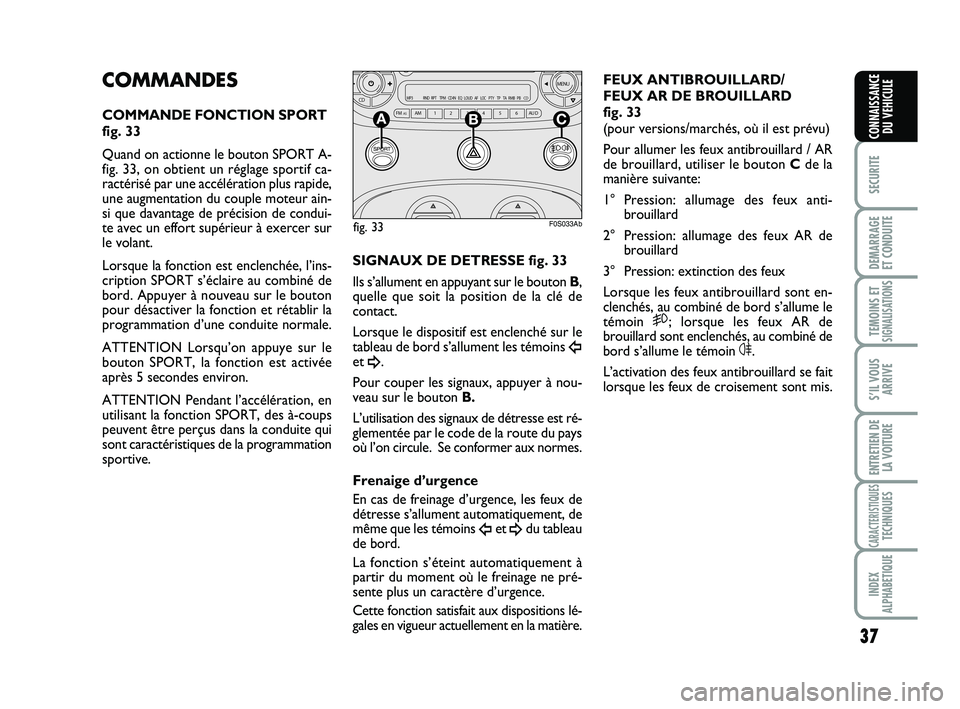 Abarth 500 2013  Notice dentretien (in French) 37
SECURITE
DEMARRAGE
ET CONDUITE
TEMOINS ETSIGNALISATION
S
S’IL VOUS
ARRIVE
ENTRETIEN DE
LA VOITURE
CARACTERISTIQUESTECHNIQUES
INDEX
ALPHABETIQUE
CONNAISSANCE
DU VEHICULE
COMMANDES
COMMANDE FONCTIO