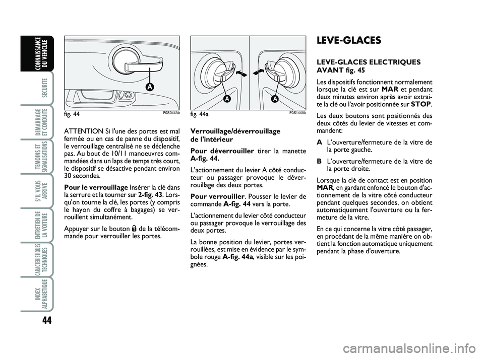 Abarth 500 2013  Notice dentretien (in French) 44
SECURITE
DEMARRAGE 
ET CONDUITE
TEMOINS ETSIGNALISATION
S
S’IL VOUS
ARRIVE
ENTRETIEN DE
LA VOITURE
CARACTERISTIQUESTECHNIQUES
INDEX
ALPHABETIQUE
CONNAISSANCE
DU VEHICULE
LEVE-GLACES
LEVE-GLACES E