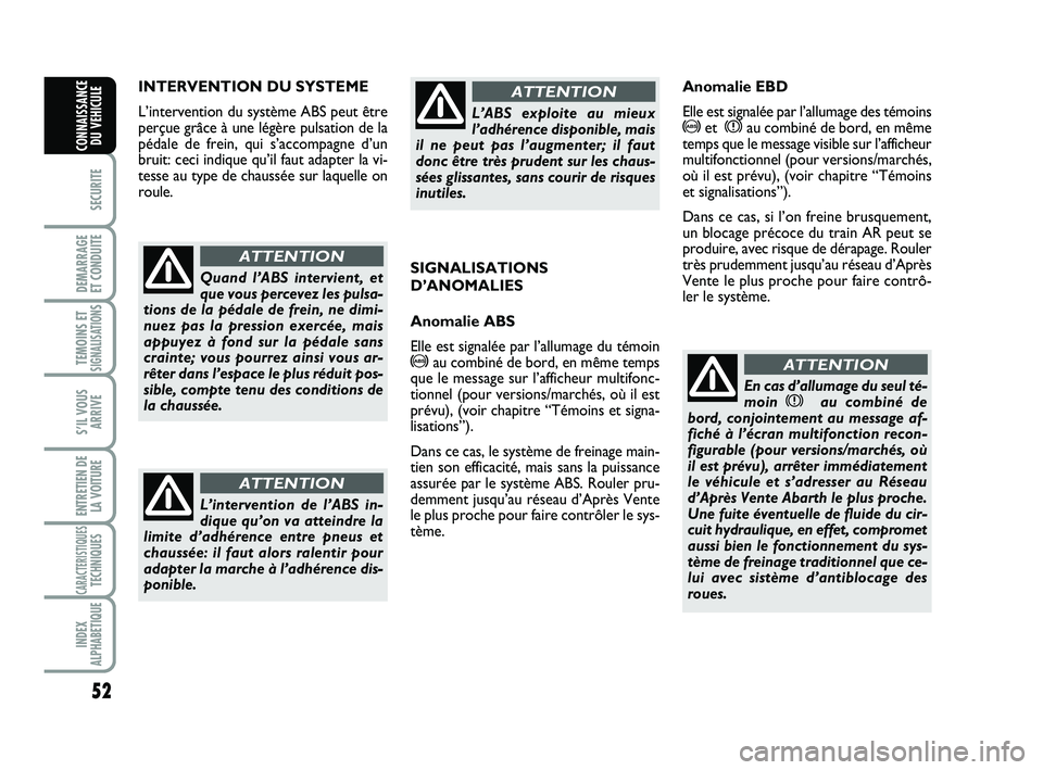 Abarth 500 2014  Notice dentretien (in French) 52
SECURITE
DEMARRAGE 
ET CONDUITE
TEMOINS ETSIGNALISATION
S
S’IL VOUS
ARRIVE
ENTRETIEN DE
LA VOITURE
CARACTERISTIQUESTECHNIQUES
INDEX
ALPHABETIQUE
CONNAISSANCE
DU VEHICULE
INTERVENTION DU SYSTEME
L