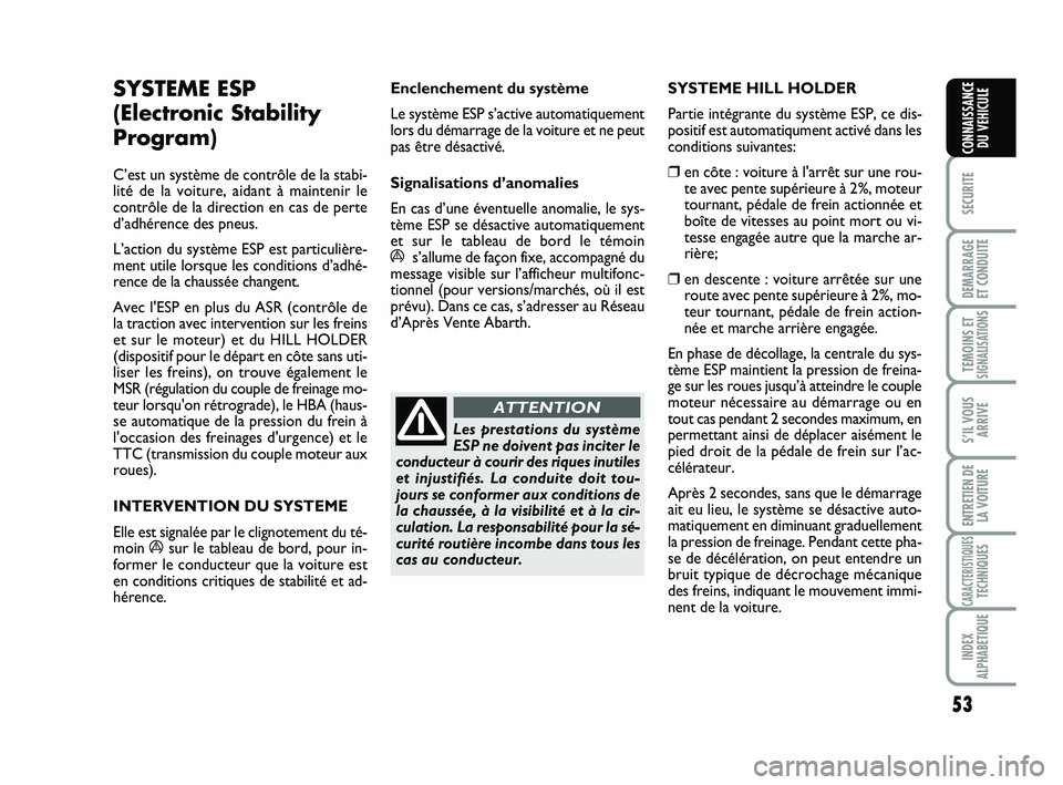 Abarth 500 2013  Notice dentretien (in French) 53
SECURITE
DEMARRAGE 
ET CONDUITE
TEMOINS ETSIGNALISATION
S
S’IL VOUS
ARRIVE
ENTRETIEN DE
LA VOITURE
CARACTERISTIQUESTECHNIQUES
INDEX
ALPHABETIQUE
CONNAISSANCE
DU VEHICULE
SYSTEME ESP
(Electronic S