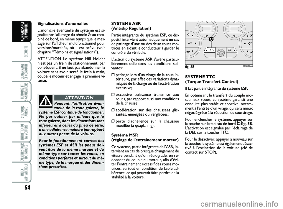 Abarth 500 2013  Notice dentretien (in French) 54
SECURITE
DEMARRAGE 
ET CONDUITE
TEMOINS ETSIGNALISATION
S
S’IL VOUS
ARRIVE
ENTRETIEN DE
LA VOITURE
CARACTERISTIQUESTECHNIQUES
INDEX
ALPHABETIQUE
CONNAISSANCE
DU VEHICULE
Signalisations d’anomal