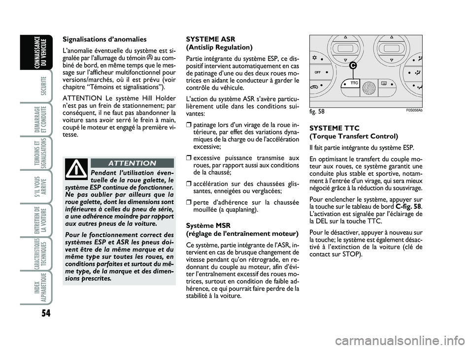 Abarth 500 2014  Notice dentretien (in French) 54
SECURITE
DEMARRAGE 
ET CONDUITE
TEMOINS ETSIGNALISATION
S
S’IL VOUS
ARRIVE
ENTRETIEN DE
LA VOITURE
CARACTERISTIQUESTECHNIQUES
INDEX
ALPHABETIQUE
CONNAISSANCE
DU VEHICULE
Signalisations d’anomal