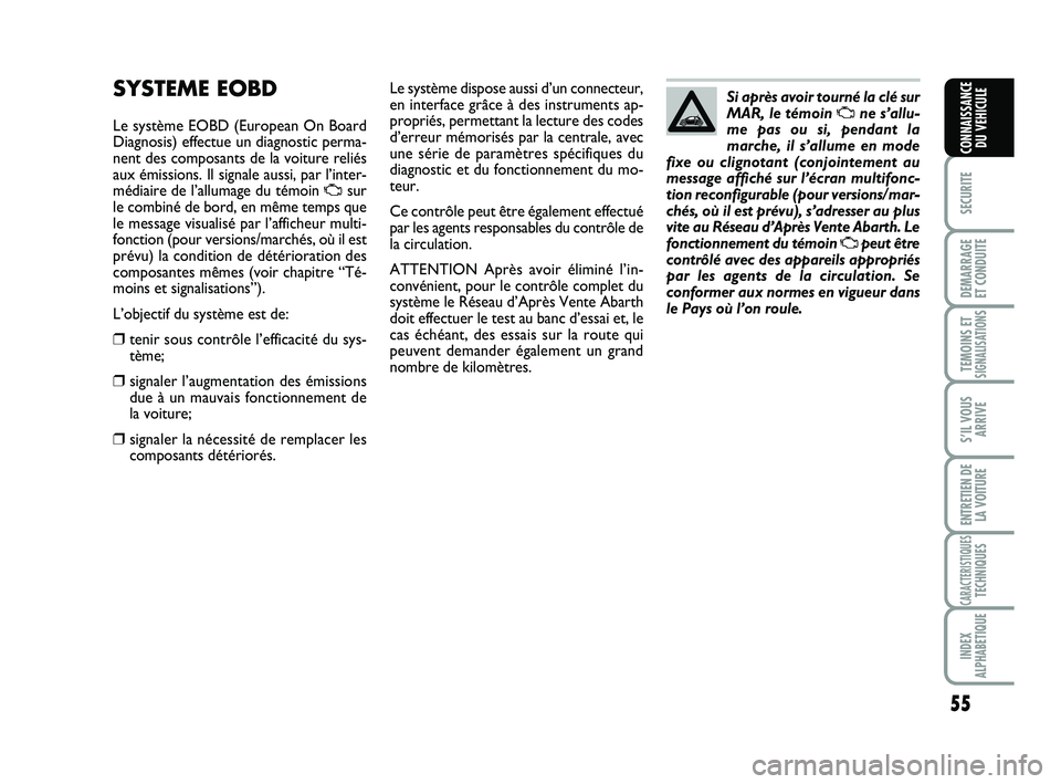 Abarth 500 2014  Notice dentretien (in French) 55
SECURITE
DEMARRAGE 
ET CONDUITE
TEMOINS ETSIGNALISATION
S
S’IL VOUS
ARRIVE
ENTRETIEN DE
LA VOITURE
CARACTERISTIQUESTECHNIQUES
INDEX
ALPHABETIQUE
CONNAISSANCE
DU VEHICULE
Le système dispose aussi