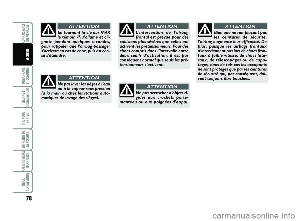 Abarth 500 2014  Notice dentretien (in French) 78
DEMARRAGE 
ET CONDUITE
TEMOINS ETSIGNALISATION
S
S’IL VOUS
ARRIVE
ENTRETIEN DE
LA VOITURE
CARACTERISTIQUESTECHNIQUES
INDEX
ALPHABETIQUE
CONNAISSANCEDU VEHICULE
SECURITE
Ne pas laver les sièges 