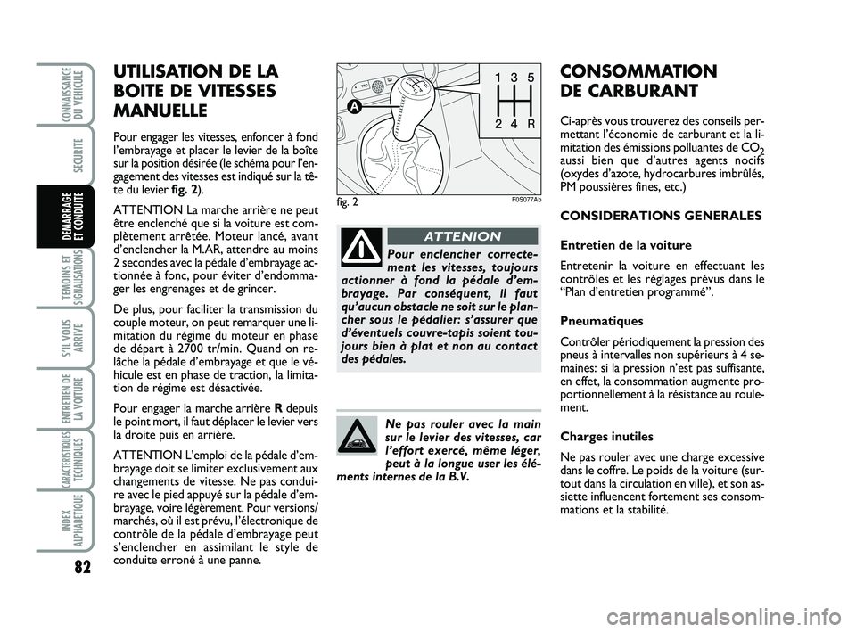 Abarth 500 2013  Notice dentretien (in French) UTILISATION DE LA
BOITE DE VITESSES
MANUELLE
Pour engager les vitesses, enfoncer à fond
l’embrayage et placer le levier de la boîte
sur la position désirée (le schéma pour l’en-
gagement des 