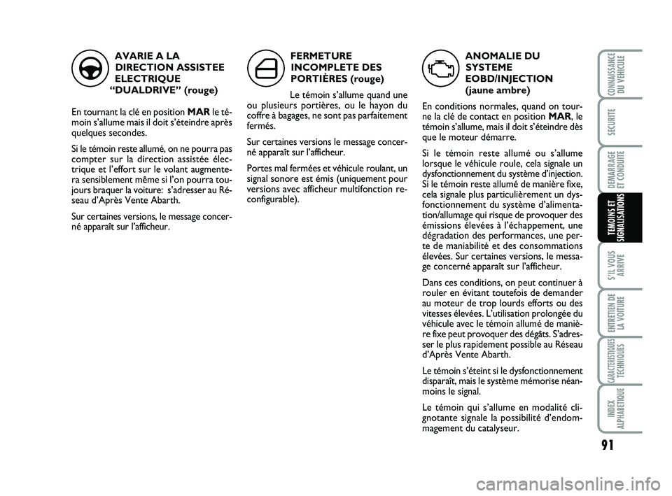 Abarth 500 2013  Notice dentretien (in French) 91
S’IL VOUS
ARRIVE
ENTRETIEN DE
LA VOITURE
CARACTERISTIQUESTECHNIQUES
INDEX
ALPHABETIQUE
CONNAISSANCEDU VEHICULE
SECURITE
DEMARRAGE 
ET CONDUITE
TEMOINS ET
SIGNALISATIONS
ANOMALIE DU
SYSTEME
EOBD/I
