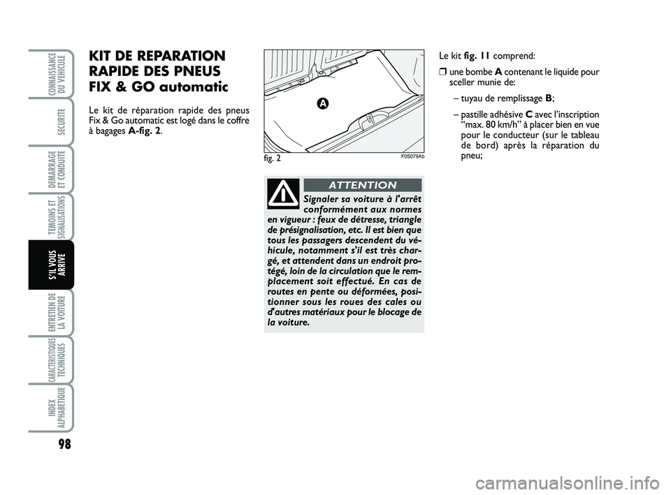 Abarth 500 2013  Notice dentretien (in French) 98
TEMOINS ETSIGNALISATION
S
ENTRETIEN DE
LA VOITURE
CARACTERISTIQUESTECHNIQUES
INDEX
ALPHABETIQUE
CONNAISSANCEDU VEHICULE
SECURITE
DEMARRAGE 
ET CONDUITE
S’IL VOUS
ARRIVE
fig. 2F0S079Ab
KIT DE REPA