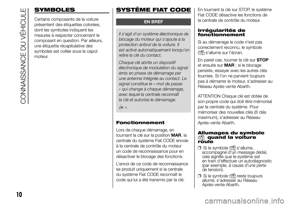 Abarth 500 2016  Notice dentretien (in French) SYMBOLES
Certains composants de la voiture
présentent des étiquettes colorées,
dont les symboles indiquent les
mesures à respecter concernant le
composant en question. Par ailleurs,
une étiquette