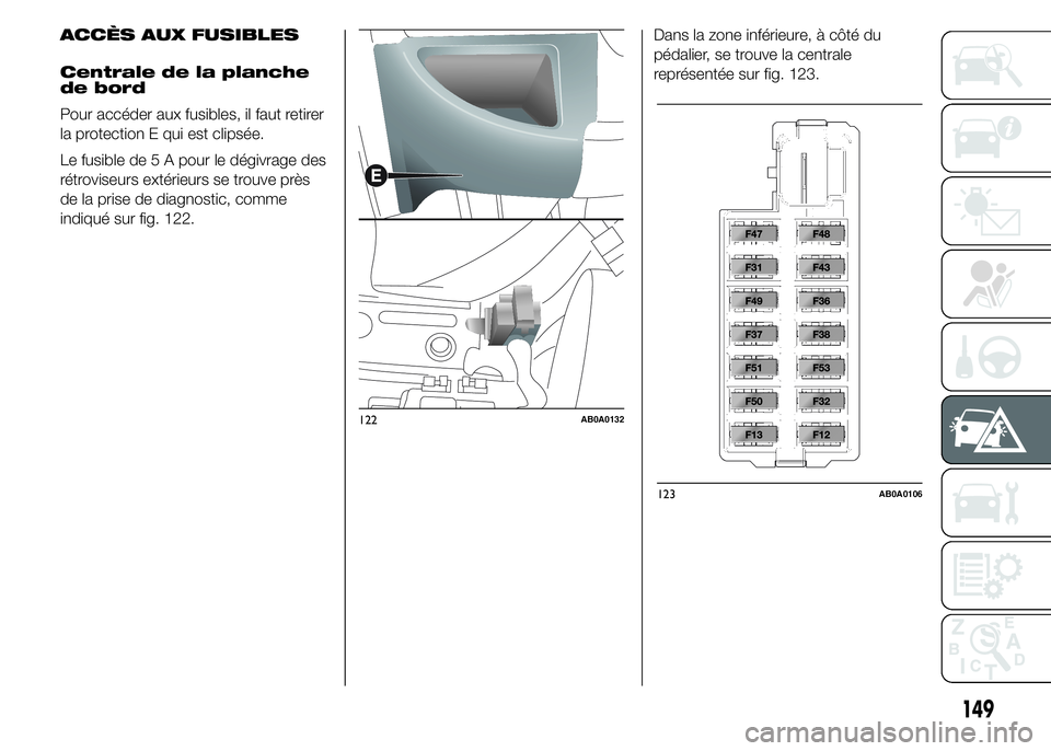 Abarth 500 2015  Notice dentretien (in French) ACCÈS AUX FUSIBLES
Centrale de la planche
de bord
Pour accéder aux fusibles, il faut retirer
la protection E qui est clipsée.
Le fusible de 5 A pour le dégivrage des
rétroviseurs extérieurs se t