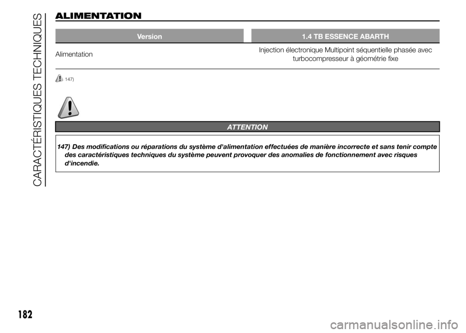 Abarth 500 2016  Notice dentretien (in French) ALIMENTATION
Version 1.4 TB ESSENCE ABARTH
AlimentationInjection électronique Multipoint séquentielle phasée avec
turbocompresseur à géométrie fixe
147)
ATTENTION
147) Des modifications ou répa