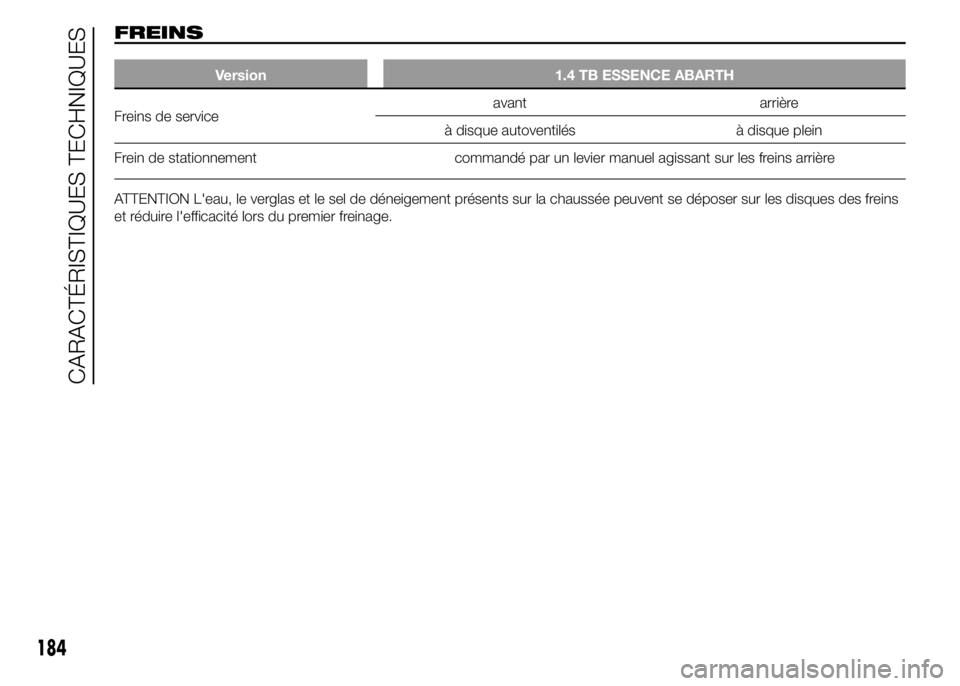 Abarth 500 2016  Notice dentretien (in French) FREINS
Version 1.4 TB ESSENCE ABARTH
Freins de serviceavant arrière
à disque autoventilés à disque plein
Frein de stationnement commandé par un levier manuel agissant sur les freins arrière
ATTE