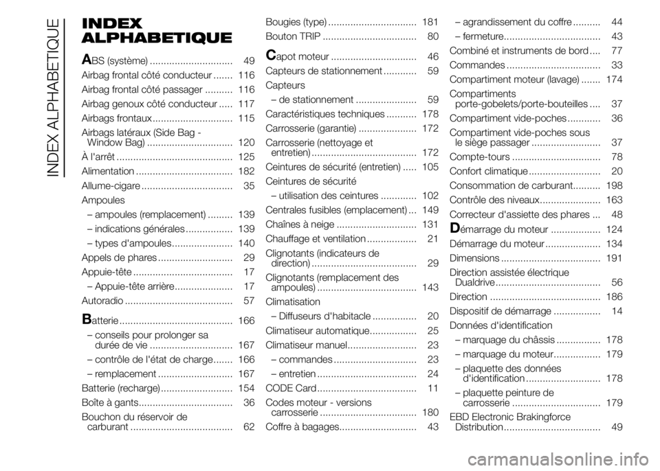 Abarth 500 2015 Notice dentretien (in French) INDEX
ALPHABETIQUE
A
BS (système) .............................. 49
Airbag frontal côté conducteur ....... 116
Airbag frontal côté passager .......... 116
Airbag genoux côté conducteur ..... 11 Abarth 500 2015 Notice dentretien (in French) INDEX
ALPHABETIQUE
A
BS (système) .............................. 49
Airbag frontal côté conducteur ....... 116
Airbag frontal côté passager .......... 116
Airbag genoux côté conducteur ..... 11