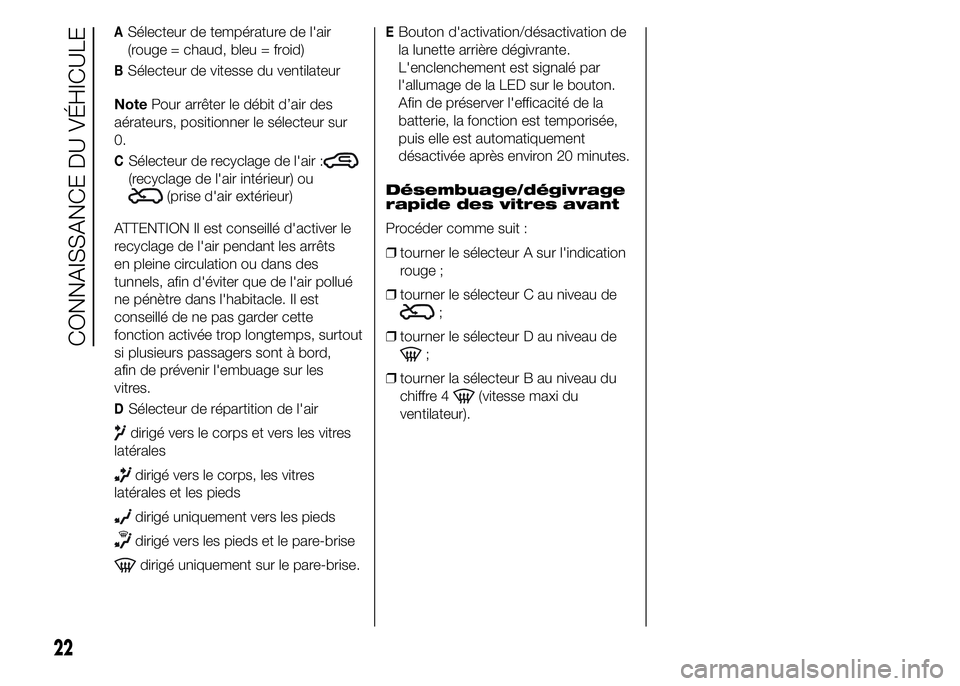 Abarth 500 2016  Notice dentretien (in French) ASélecteur de température de l'air
(rouge = chaud, bleu = froid)
BSélecteur de vitesse du ventilateur
NotePour arrêter le débit d’air des
aérateurs, positionner le sélecteur sur
0.
CSéle