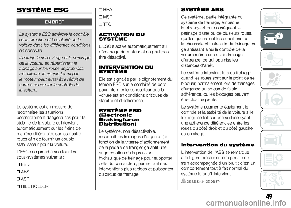 Abarth 500 2015 Notice dentretien (in French) SYSTÈME ESC
EN BREF
Le système ESC améliore le contrôle
de la direction et la stabilité de la
voiture dans les différentes conditions
de conduite.
Il corrige le sous-virage et le survirage
de la Abarth 500 2015 Notice dentretien (in French) SYSTÈME ESC
EN BREF
Le système ESC améliore le contrôle
de la direction et la stabilité de la
voiture dans les différentes conditions
de conduite.
Il corrige le sous-virage et le survirage
de la