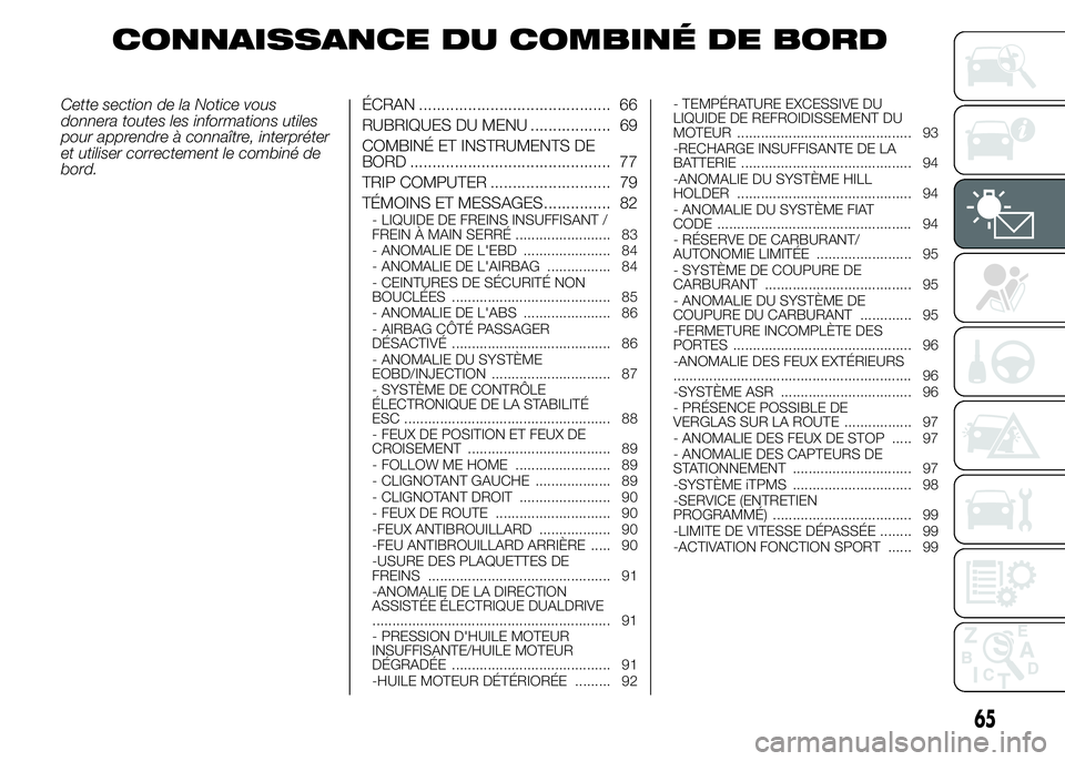 Abarth 500 2016  Notice dentretien (in French) CONNAISSANCE DU COMBINÉ DE BORD
Cette section de la Notice vous
donnera toutes les informations utiles
pour apprendre à connaître, interpréter
et utiliser correctement le combiné de
bord.ÉCRAN .