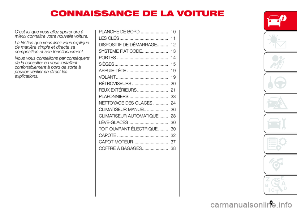 Abarth 500 2017 Notice dentretien (in French) CONNAISSANCE DE LA VOITURE
C'est ici que vous allez apprendre à
mieux connaître votre nouvelle voiture.
La Notice que vous lisez vous explique
de manière simple et directe sa
composition et son Abarth 500 2017 Notice dentretien (in French) CONNAISSANCE DE LA VOITURE
C'est ici que vous allez apprendre à
mieux connaître votre nouvelle voiture.
La Notice que vous lisez vous explique
de manière simple et directe sa
composition et son