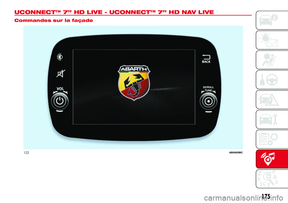 Abarth 500 2017 Notice dentretien (in French) UCONNECT™ 7” HD LIVE - UCONNECT™ 7” HD NAV LIVE.
Commandes sur la façade
122AB0A0399C
175 Abarth 500 2017 Notice dentretien (in French) UCONNECT™ 7” HD LIVE - UCONNECT™ 7” HD NAV LIVE.
Commandes sur la façade
122AB0A0399C
175