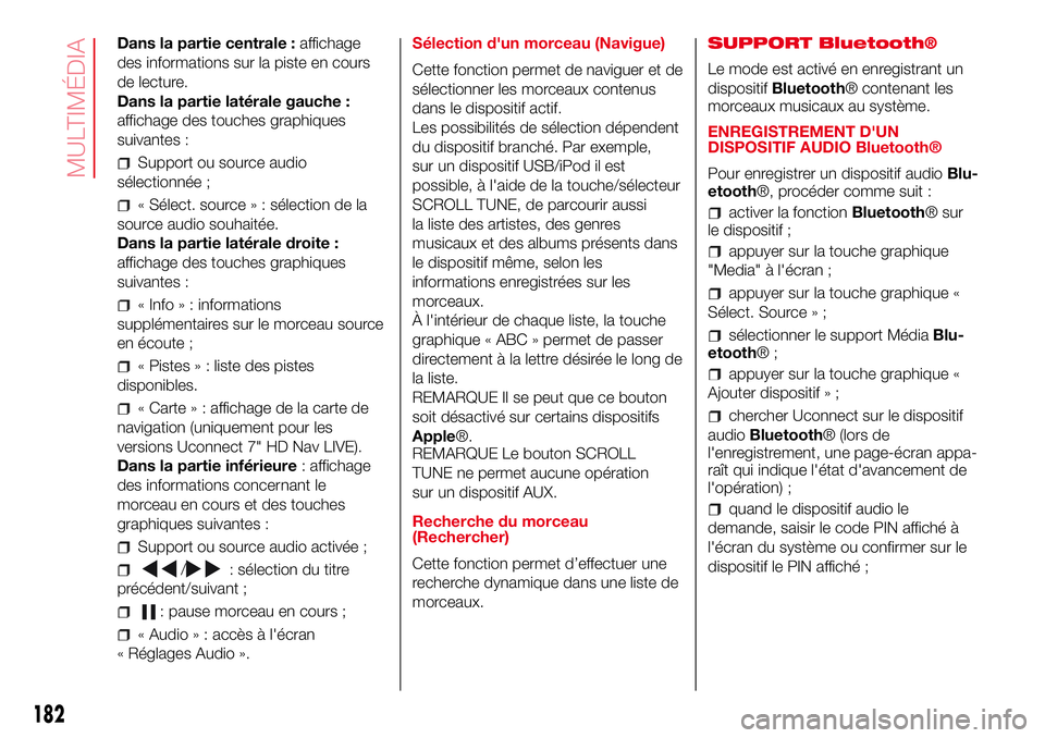 Abarth 500 2017  Notice dentretien (in French) Dans la partie centrale :affichage
des informations sur la piste en cours
de lecture.
Dans la partie latérale gauche :
affichage des touches graphiques
suivantes :
Support ou source audio
sélectionn