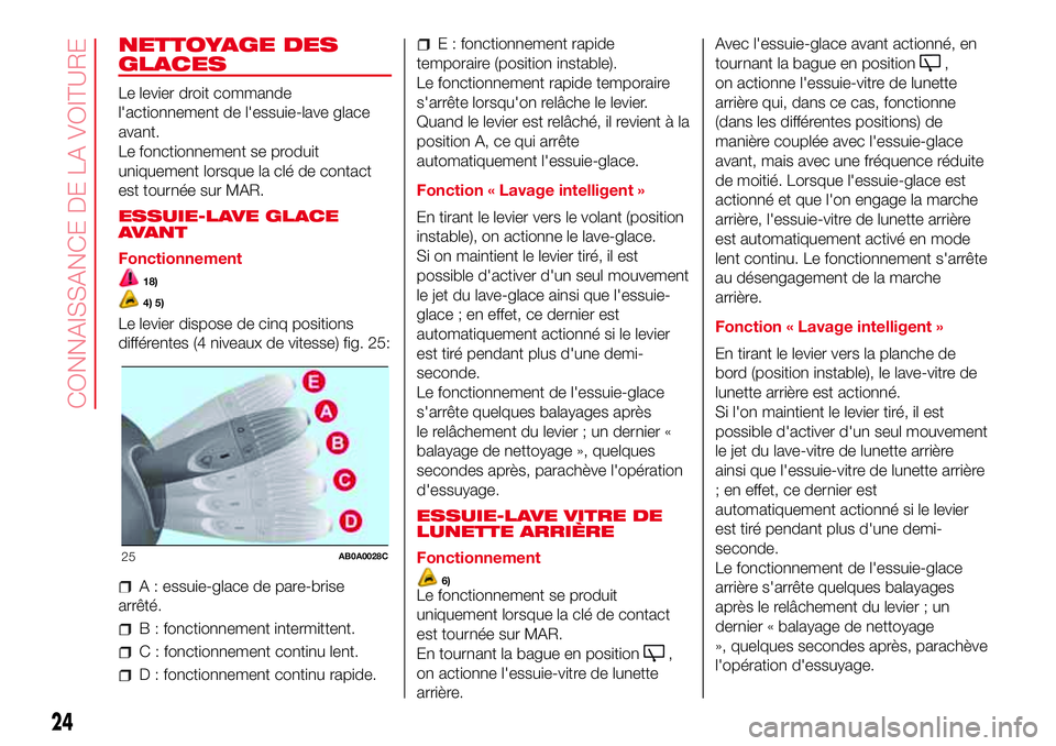 Abarth 500 2017 Notice dentretien (in French) NETTOYAGE DES
GLACES
Le levier droit commande
l'actionnement de l'essuie-lave glace
avant.
Le fonctionnement se produit
uniquement lorsque la clé de contact
est tournée sur MAR.
ESSUIE-LAVE Abarth 500 2017 Notice dentretien (in French) NETTOYAGE DES
GLACES
Le levier droit commande
l'actionnement de l'essuie-lave glace
avant.
Le fonctionnement se produit
uniquement lorsque la clé de contact
est tournée sur MAR.
ESSUIE-LAVE
