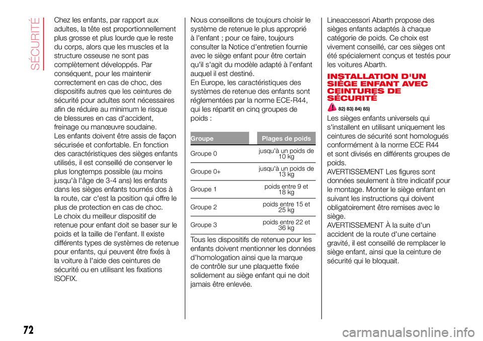 Abarth 500 2017 Notice dentretien (in French) Chez les enfants, par rapport aux
adultes, la tête est proportionnellement
plus grosse et plus lourde que le reste
du corps, alors que les muscles et la
structure osseuse ne sont pas
complètement d Abarth 500 2017 Notice dentretien (in French) Chez les enfants, par rapport aux
adultes, la tête est proportionnellement
plus grosse et plus lourde que le reste
du corps, alors que les muscles et la
structure osseuse ne sont pas
complètement d