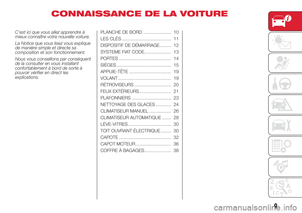 Abarth 500 2018 Notice dentretien (in French) CONNAISSANCE DE LA VOITURE
C'est ici que vous allez apprendre à
mieux connaître votre nouvelle voiture.
La Notice que vous lisez vous explique
de manière simple et directe sa
composition et son Abarth 500 2018 Notice dentretien (in French) CONNAISSANCE DE LA VOITURE
C'est ici que vous allez apprendre à
mieux connaître votre nouvelle voiture.
La Notice que vous lisez vous explique
de manière simple et directe sa
composition et son