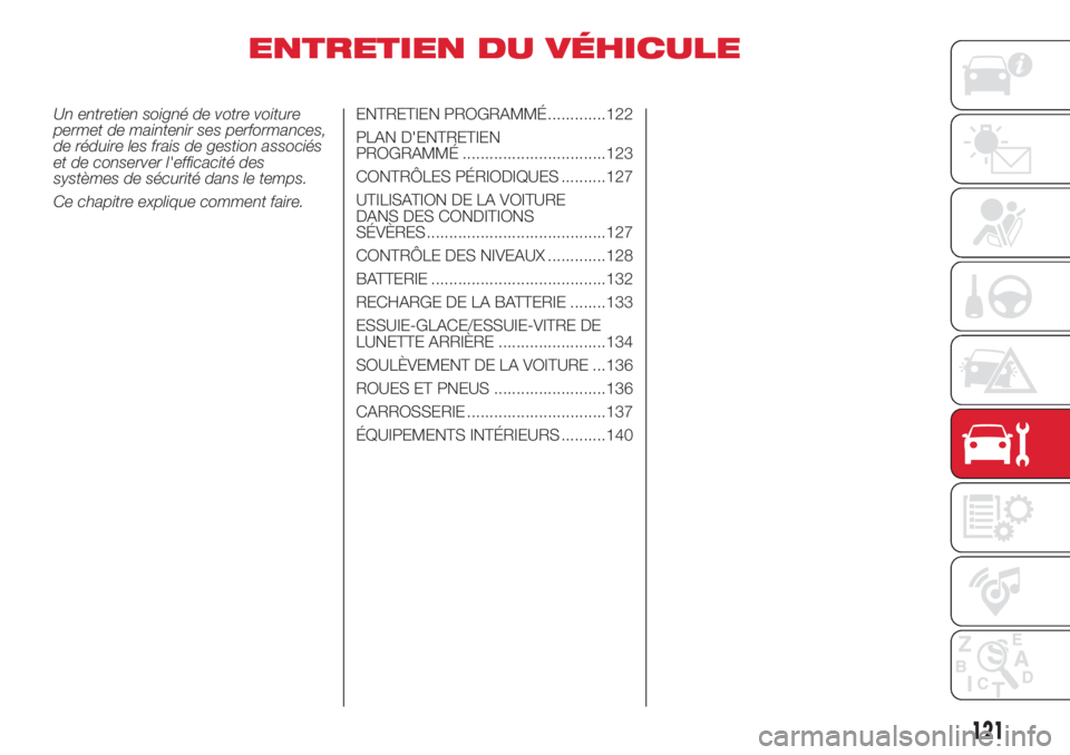 Abarth 500 2018  Notice dentretien (in French) ENTRETIEN DU VÉHICULE
Un entretien soigné de votre voiture
permet de maintenir ses performances,
de réduire les frais de gestion associés
et de conserver l'efficacité des
systèmes de sécuri
