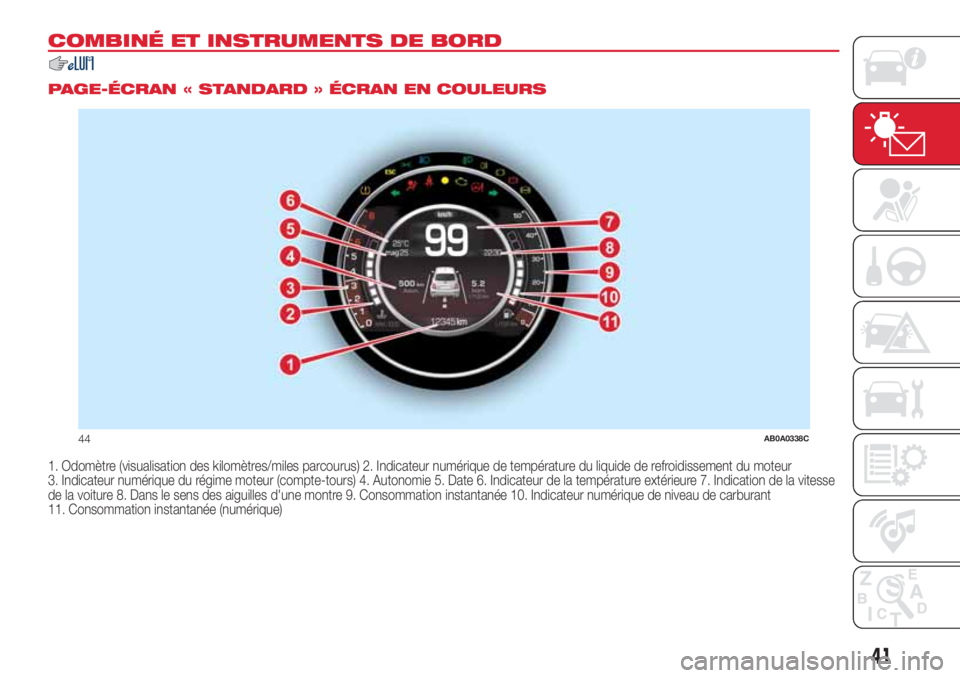 Abarth 500 2018 Notice dentretien (in French) COMBINÉ ET INSTRUMENTS DE BORD
.
PAGE-ÉCRAN « STANDARD » ÉCRAN EN COULEURS
1. Odomètre (visualisation des kilomètres/miles parcourus) 2. Indicateur numérique de température du liquide de refr Abarth 500 2018 Notice dentretien (in French) COMBINÉ ET INSTRUMENTS DE BORD
.
PAGE-ÉCRAN « STANDARD » ÉCRAN EN COULEURS
1. Odomètre (visualisation des kilomètres/miles parcourus) 2. Indicateur numérique de température du liquide de refr