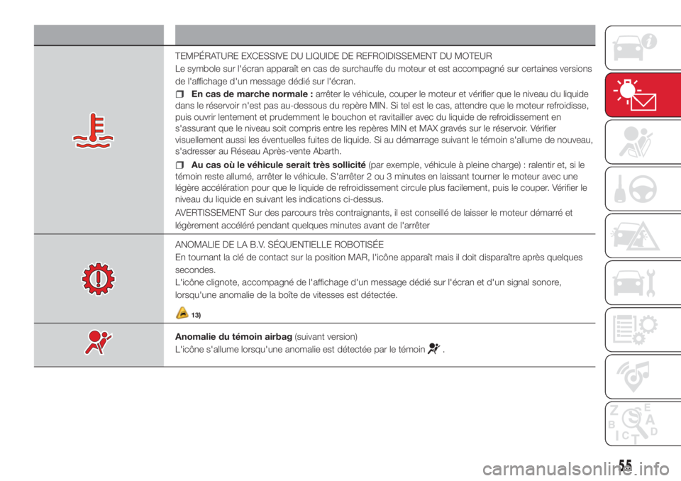 Abarth 500 2018  Notice dentretien (in French) Symbole Signification
TEMPÉRATURE EXCESSIVE DU LIQUIDE DE REFROIDISSEMENT DU MOTEUR
Le symbole sur l'écran apparaît en cas de surchauffe du moteur et est accompagné sur certaines versions
de l