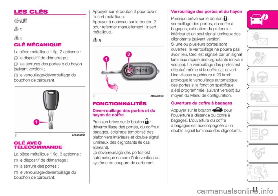 Abarth 500 2019 Notice dentretien (in French) LES CLÉS
1)
1)
CLÉ MÉCANIQUE
La pièce métallique 1 fig. 2 actionne :
le dispositif de démarrage ;
les serrures des portes e du hayon
(suivant version) ;
le verrouillage/déverrouillage du
boucho Abarth 500 2019 Notice dentretien (in French) LES CLÉS
1)
1)
CLÉ MÉCANIQUE
La pièce métallique 1 fig. 2 actionne :
le dispositif de démarrage ;
les serrures des portes e du hayon
(suivant version) ;
le verrouillage/déverrouillage du
boucho